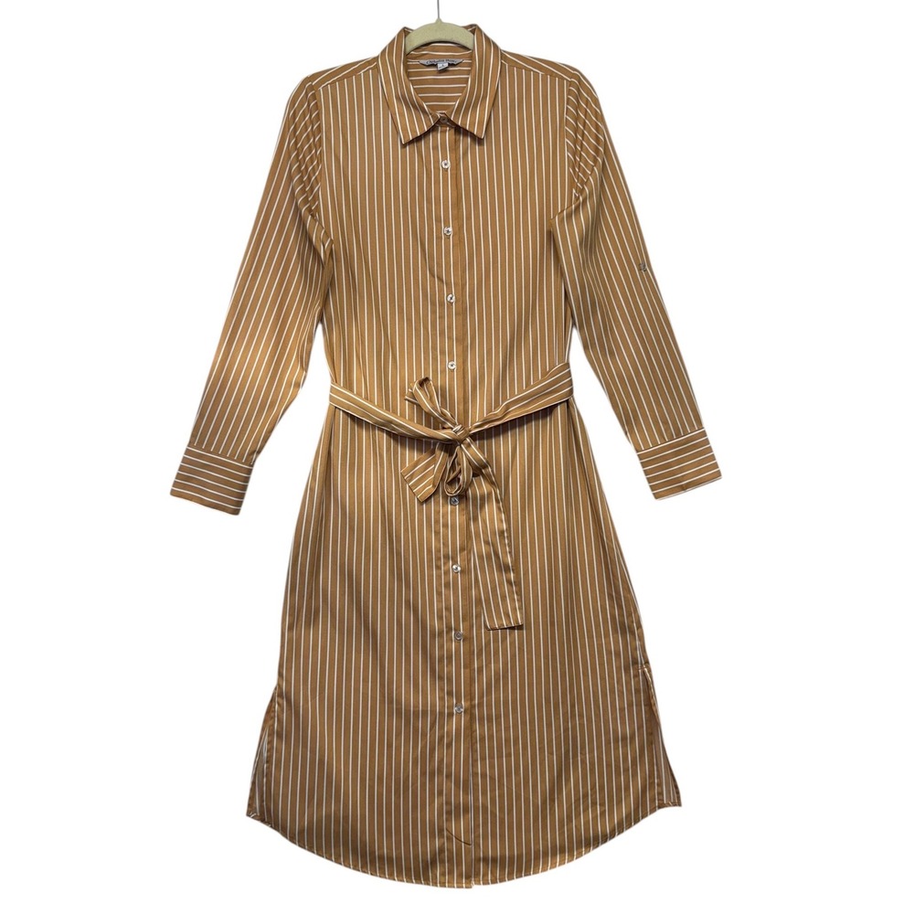 Ophelia Roe Tan White Striped Shirt Dress Size S Long Sleeve Belted Midi